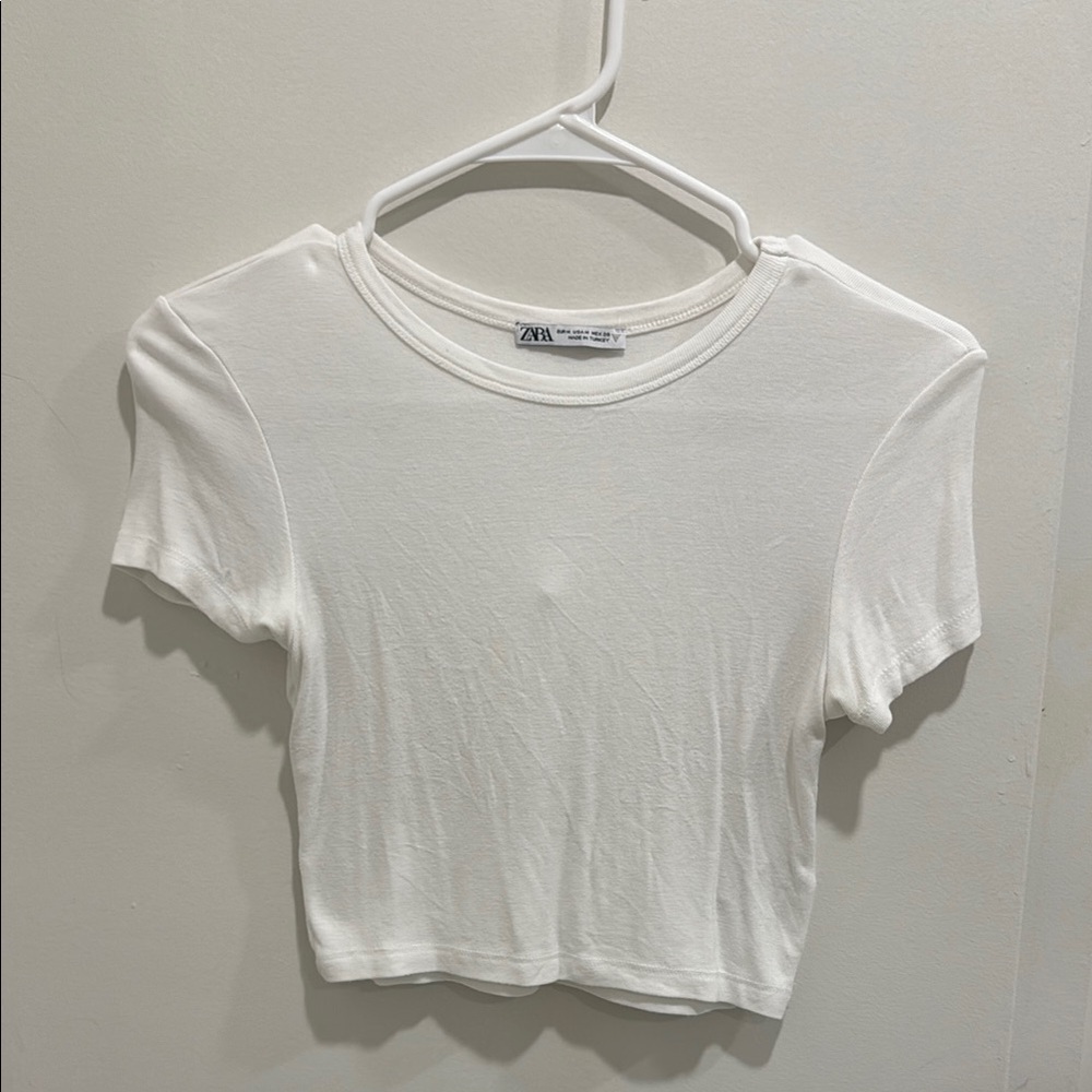 Zara White Fitted Crop T-Shirt Short Sleeve